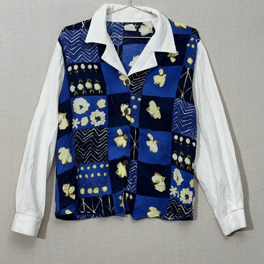 Caliche Blouse Womens Medium Blue White Vintage Floral Checkered Button Up Top